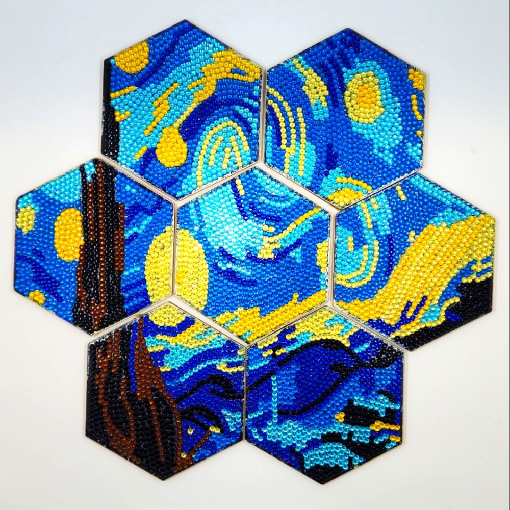 Van Gogh Starry Night Coasters 8 piece set w stand Sealed Waterproof Diamond Art